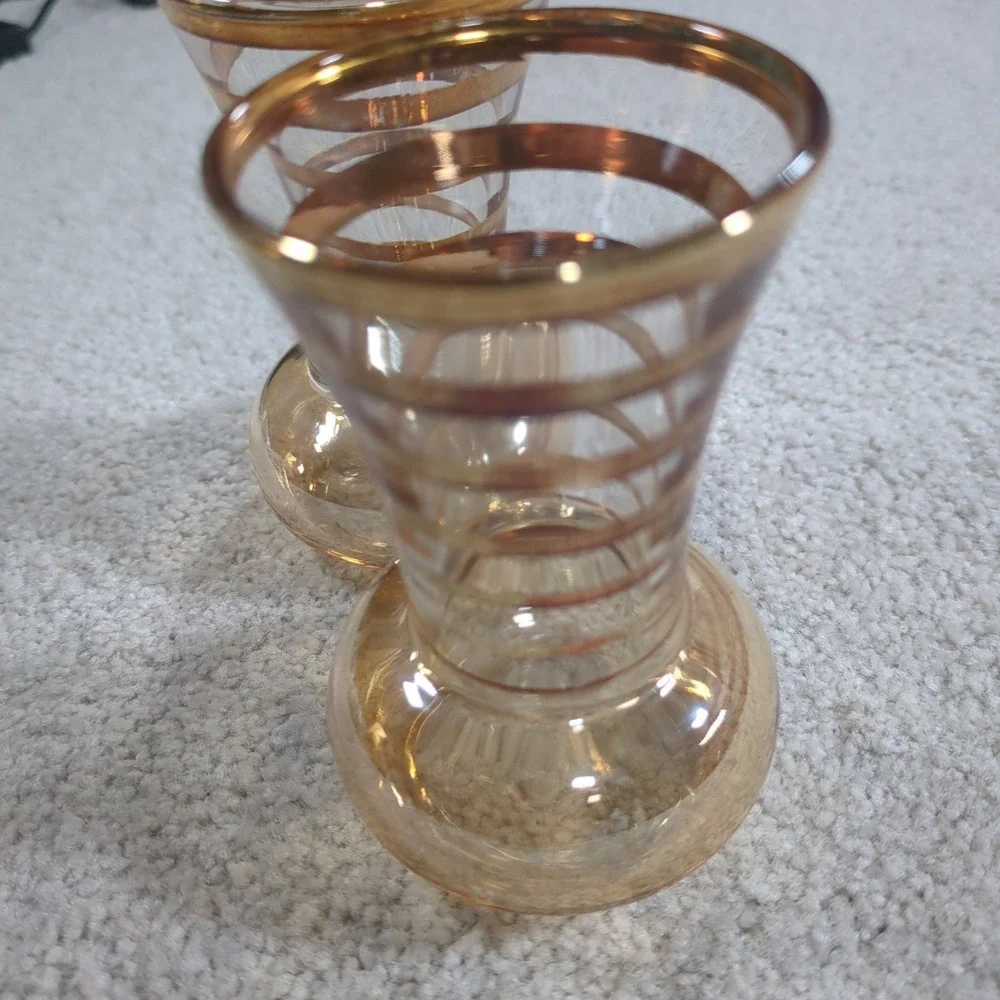 Vintage Amber Glass Bud Vases Gold Stripe MCM Set of 2‎ Mid Century